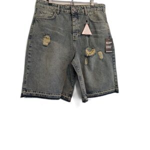 Man Boohoo Blue Button Fly Distressed Denim Shorts Size 36